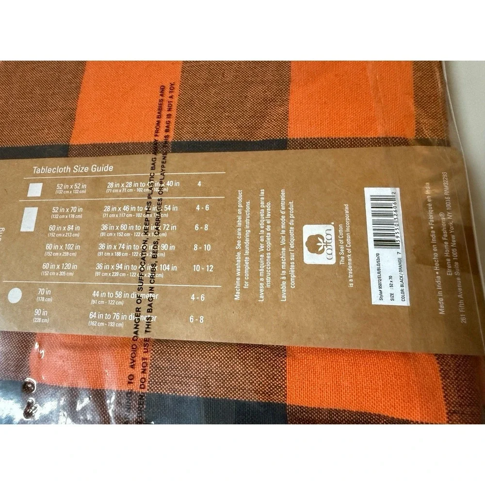 Elrene Farmhouse Tablecloth Orange & Black Buffalo Plaid Cotton 52 X 70